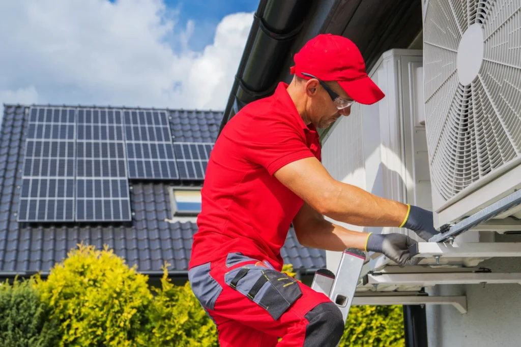 A technician in a red cap and gloves repairs an outdoor air conditioning unit beside a home.