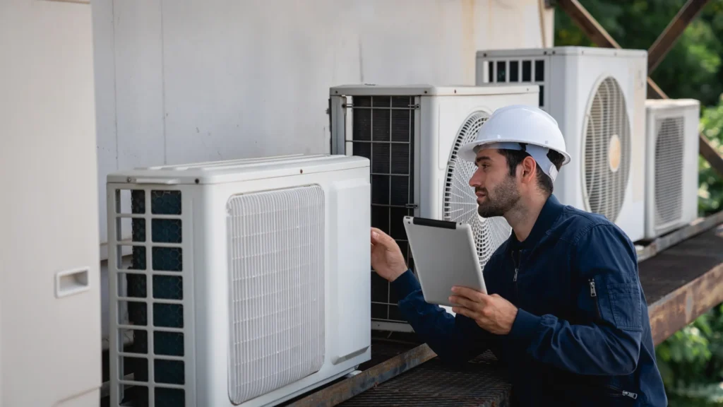 An HVAC technician in a hard hat checks outdoor air conditioning units while holding a tablet.